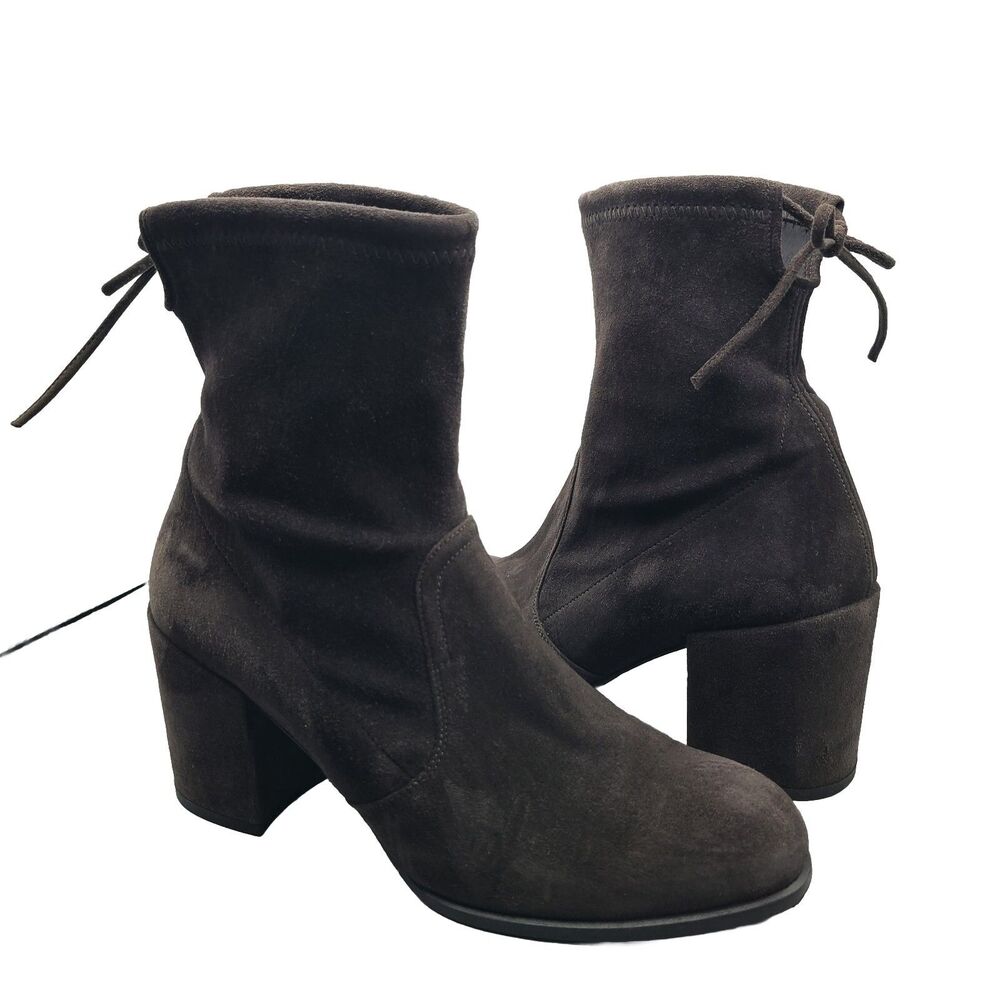 Stuart Weitzman Boots Sz 7 Ankle Dark Gray Suede Block Heel Tie Pull On Women